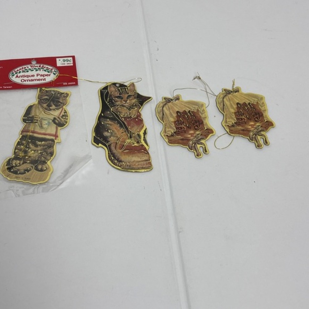 Santas Workbench Antique Paper Ornaments Set of 4‎ Victorian Cats Gold Foil